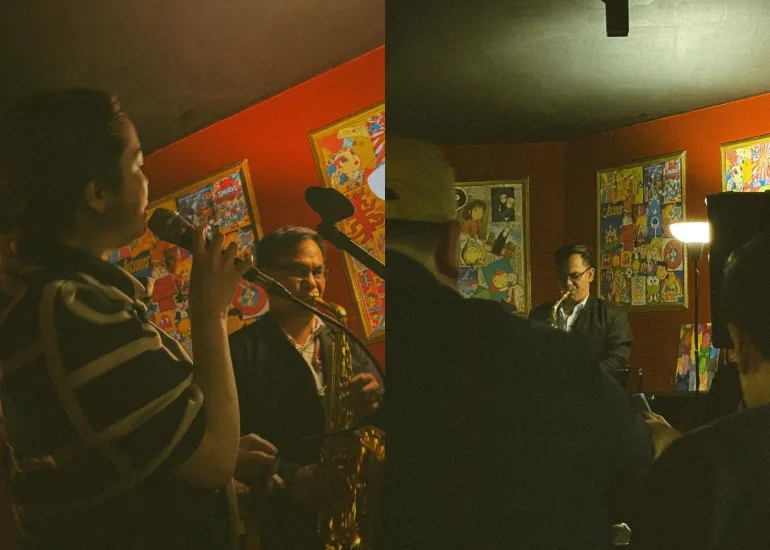 Live jazz performance at Blue Door 304 with saxophone player and vocalist in the intimate pop culture-decorated space
